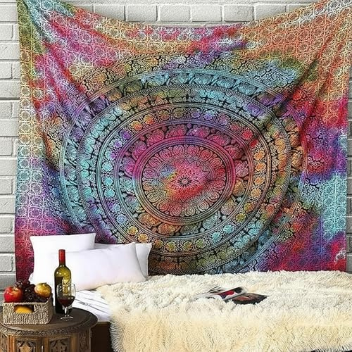 Craft Trade Mandala Mehrfarbig Wandteppich Indische Wandtuch Tapestry Wandbehang Boho Wandteppiche für Heimdeko Wohnzimmer und Schlafzimmer - 228 x 274 cm