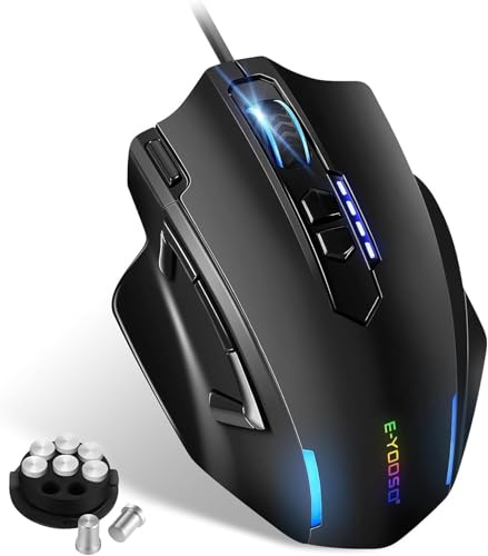 E-Yooso Grande Souris de Gaming Filaire, Souris Gamer XL avec Bouton de tir Rapide, 5 Boutons latéraux, 12 400 DPI, 5 Modes d’éclairage, 11 Touches Macro programmables, Poids réglables