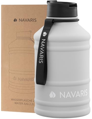 Navaris Botella de Agua de Acero Inoxidable - Cantimplora XXL de Metal de 2.2 L - Garrafa para Bebidas sin BPA para Deporte Camping Gimnasio Oficina