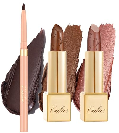 Oulac Braun Lippenstift und Lipliner Set, Mattes Metallic-Finish, Hochpigmentierte und Feuchtigkeitsspendende Formel, Glatt und Kornfrei, Vegan 3PCS