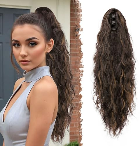 FESHFEN Pferdeschwanz mit Klammer, Lange Wellig Lockig Haarextension Synthetik Zopf Haarverlängerung Claw Clip in Haarteil Ponytail für Damen 65cm Schwarzbraun Gemischt Hellbraun