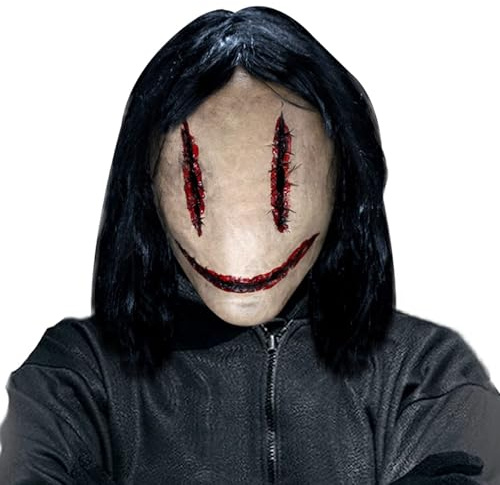 Applysu Gruselige Smiley Killer Maske mit Haaren Latex Voller Kopf Gruselige Realistische Maske Horror Halloween Cosplay Requisiten