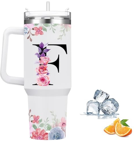 Botella Agua Termica Personalizada, Cool Bottles de Acero Inoxidable de 1.2 Litros, Termo Cafe para llevar con tapa y pajita, Copo Termico sin BPA, Letras de Moda, Regalos Originales para Mujer (F)