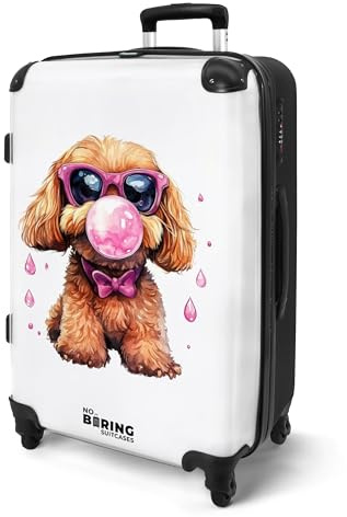 NoBoringSuitcases© Koffer Kinder Groß Reisekoffer Kinderkoffer 4 Rollen | 67x43x25 cm - Leicht Kindertrolley Mittelgroß Reise Hartschalenkoffer Hund - Braun - Brille - Kaugummiball - Rosa