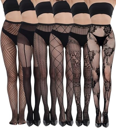 SEESUNO 6 Pcs Black Fishnet Tights, Lace Patterned Fishnet Snag Tights for Women