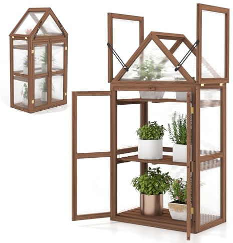 HOMASIS Mini Serra da Giardino a 3 Livelli Trasparente in Policarbonato, Serra da Balcone Invernale con 2 Porte, Tetto Apribile e Ripiani Regolabili, Struttura in Legno di Abete, 71 x 41 x 133 cm
