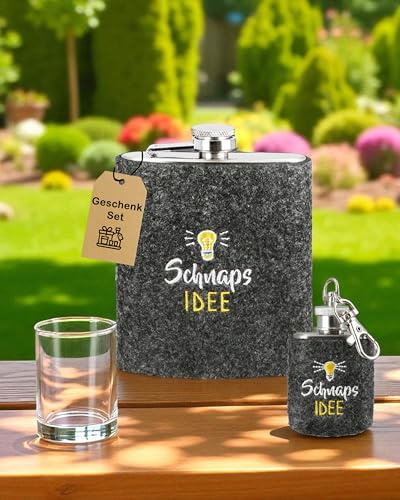 CULT at home Geschenkset 2-teilig Flachmann Flasche 120 ml und Schlüsselanhänger Mini Flachmann Edelstahl 30 ml – Taschenflasche Filz mit Schriftzug Schnapsidee - Weihnachten Geschenk für Männer
