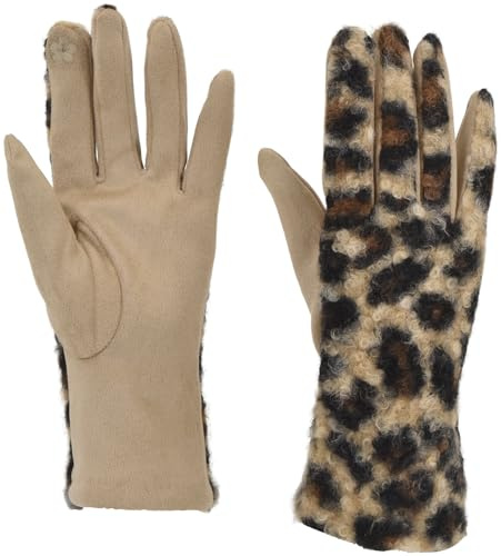 styleBREAKER Damen Touch Handschuhe Leo Muster | Leitfähige Fasern am Zeigefinger für Displays, weicher Teddyplüsch, 18-21 cm Handumfang, wärmendes Futter.