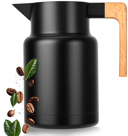 VINATO Thermos Café en Acier Inoxydable 304 - Pichet Isotherme Sans BPA avec Poignée Effet Bois, Étanche pour Café, Thé et Lait, Bouteille Isotherme 1,5L