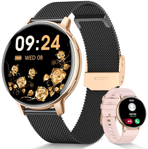 AIMIUVEI Montre Connectée Femme avec Appel, Smartwatch Rond, 24H Fréquence Cardiaque, SpO2, Santé Au Féminin, 120+ Modes Sport, Sommeil, IP68 Fitness Podomètre, Bluetooth iOS/Android, Cadeau, Or Noir