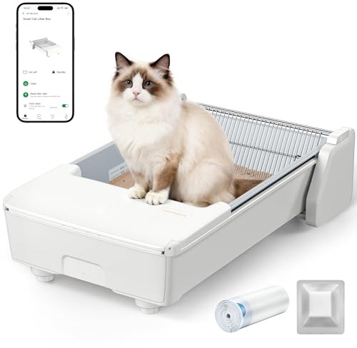 Selbstreinigende Katzentoilette mit App-Steuerung,3-Motor-System | Katzenklo für Mehrere Katzen, Doppelrechen,Anti-Pinch-Sicherheitsfunktion,Geruchskontrolle