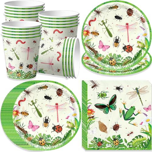 Set de vajilla para fiestas con motivos de insectos, platos de cartón, tazas y servilletas, decoraciones para fiestas con motivos de insectos, clases, jardines, baby showers, primavera, verano, safari