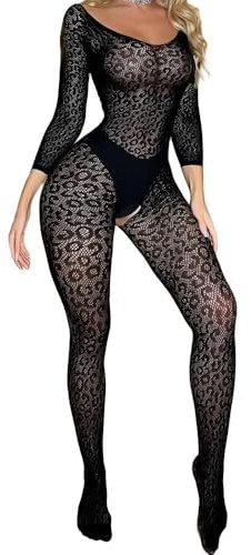 CZSABXY Women Fishnet Bodysuit Lace Jumpsuit Fishnet Lingerie Mesh Body Stockings Rave Outfits For Women Teddy Lingerie Underwear (Black)