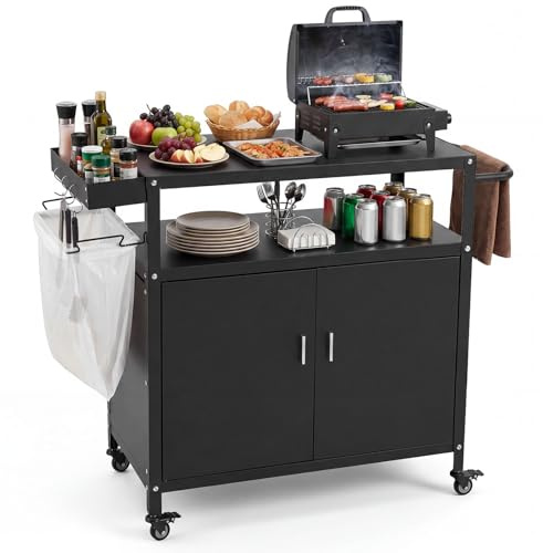 COSTWAY Chariot de Barbecue à roulettes, Desserte Plancha avec Rangement Porte d'Armoire Porte-Serviettes, Desserte de Jardin avec 4 Roues Verrouillables, 109 x 45 x 89 cm