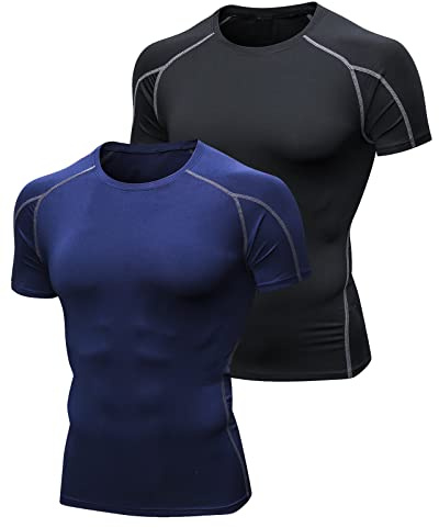 Niksa 2 Pezzi Fitness T-shirt Maglia Compressione Uomo Maniche Corte Asciugatura Rapida Maglia da Sport per Corsa, Palestra 1053 Cenere Nera (XL)