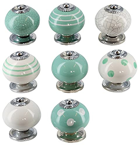 G Decor Green and White Handmade Assorted Designs Ceramic Door Knobs, Vintage, Shabby Chic, Interior Furniture, Cabinet Cupboard Drawers Pulls Handles (8-Pack)