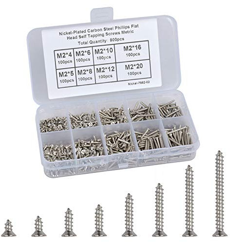 800 Pièces Vis Autotaraudeuses tête Plate, Petit M2 Fraisée Cruciformes Vis Assortiment Kit 4-20mm, Auto-foreuse à Tête Plate en Acier au Carbone Nickelé Vis à Bois Kit avec Boîte de Rangement
