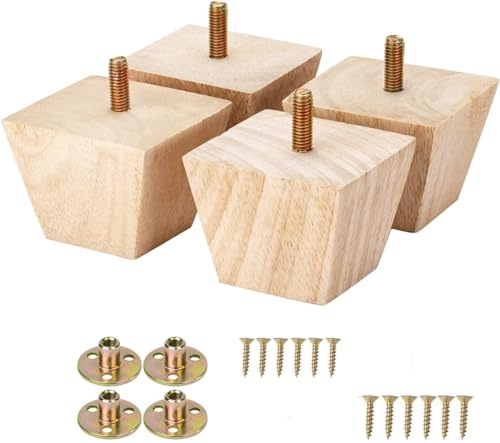 Set of 4 Solid Wood Square Furniture Legs 2inches Tall Modern M8 Replacement Furniture Feet Sofa Legs with Pre-Drilled 5/16 Inch Bolt & Mounting Plate & Screws for Couch Sofa Armchai
