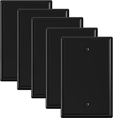 ELEGRP 1-Gang Blank Device Wall Plates, Mid-Size 4.88 H x 3.13 L Unbreakable Thermoplastic Blank Faceplate Cover for Unused Outlets/Switches, UL Listed (5 Pack, Glossy Black)