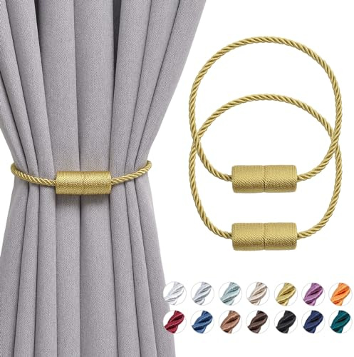 Pretty Jolly magnetische Vorhang Raffhalter handgefertigtes Gewebe Seil Vorhang-Raffhalter Einfachheit dekorative Vorhang drapieren Krawatte zurück für Haus & Büro Fenster Drapery, Gold, 2 Stück | Handgefertigte gewebte Zylinder-Halterungen, dekorative Seitenseil-Raffhalter für Fenster zu Hause und im Büro, 40,6 cm