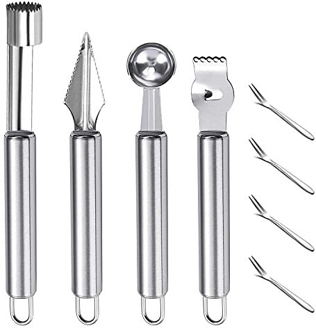 Nuyoah Kugelausstecher Apfelentkerner Melone Zitronenschäler Edelstahl Obstschnitzmesser Set Apfelausstecher Obst Werkzeug Set 4Stk mit 4 Obstgabeln für DIY-Obstsalate