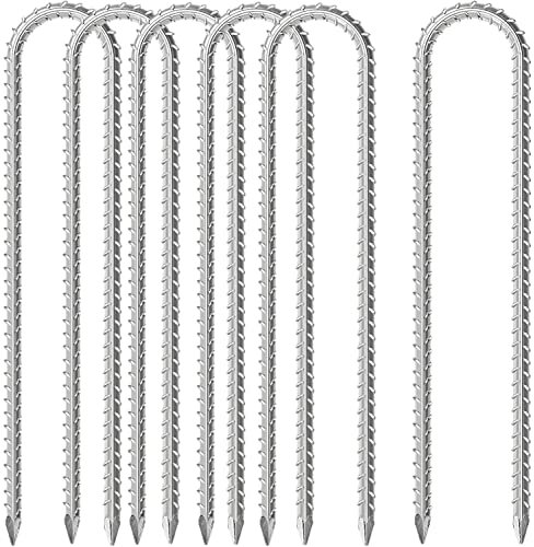 KAHEIGN 6Pcs Trampoline Pegs, 30CM Galvanized Ground Stakes Heavy Duty Anchors U Shaped Rebar Stakes with Friction Grip Ribbing for Camping Tents Canopies Sheds Ports Swing (Silver)
