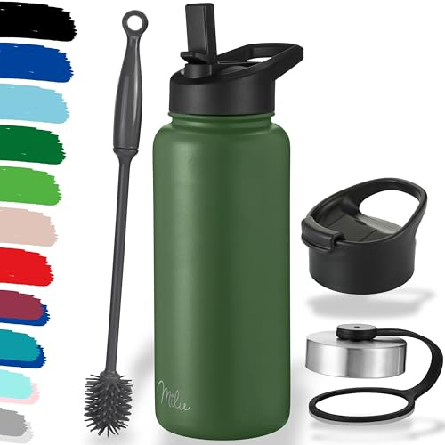 Milu Edelstahl Trinkflasche 500ml 750ml 1000ml (+3 Deckel) - Thermosflasche mit Strohhalm, Isolierte Wasserflasche, Auslaufsichere Isolierflasche doppelwandig, Kohlensäure geeignet (Olivgrün, 1000ml)