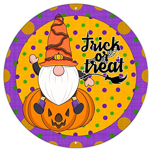 Halloween Runde Türhänger Schild Lila und Grün Polka Wreath Gnomes Schild Halloween Trick Or Treat Metallschilder Oktober 31 Hexenzwerge Retro Vintage Wandschild für Veranda 22,9 x 22,9 cm
