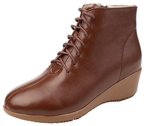 Jamron Mujer Moda Piel Genuina Botas Cuña con Cordones Botines de Invierno con Forro de Cuero Marrón EU38