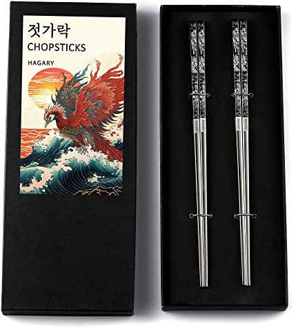 Phoenix Essstäbchen aus Metall, wiederverwendbar, entworfen im koreanischen japanischen Stil, Edelstahl, 316 18/10, rutschfest, spülmaschinenfest, lasergeätzt (Schwarz, 2 Paar)