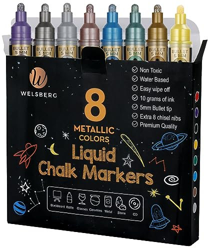 welsberg 8x Flüssigkreidestifte Metallische Farben, Löschbare Flüssige Kreidemarker 5mm Spitze für Tafel, Fenster, Glas Kreidestifte mit Jumbo Tinte 10 Gramm