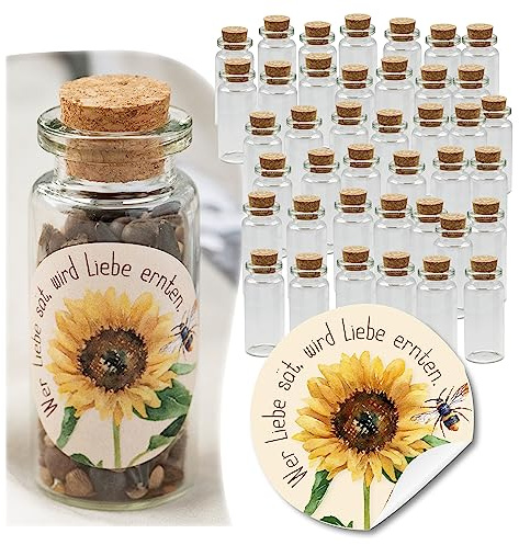 Schokoladenseite 40 Stk Glasflaschen Sonnenblume 190103, kleine Fläschchen mit Korken und Aufkleber für Blumensamen, Gastgeschenk für Hochzeit, Taufe, Geburtstag