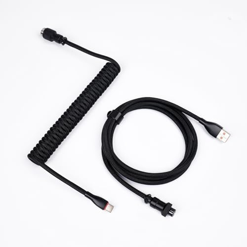 Sikai Coiled Cable USB C für Gaming Tastatur,Spiralkabel Tastatur,Spiral Zweiteilig einziehbar Curly Kabel Abnehmbarem Vergoldetes Luftfahrtstecker,Geflochtenes Kabel für Tastatur (Schwarz)