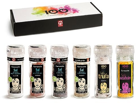 CARMENCITA Pack 6 Molinillos de Sales – Marina Mediterránea, Rosa Himalaya, Negra Himalaya, Marina con Hierbas, Sal & Trufa y Sal & Azafrán – Sin Gluten