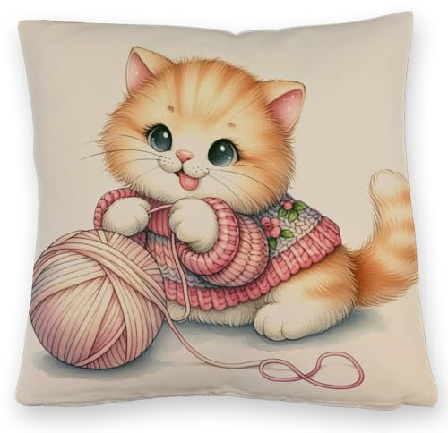 speecheese Katzenbaby mit Wollknäuel Kissen mit Leinenoptik Süßes KatzenKissen mit Leinenoptik Niedliche Katze spielt mit Wollknäuel Haustier DekoKissen mit Leinenoptik für Katzenliebhaber