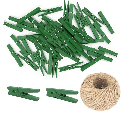 200 clips de madera natural de 25 mm para fotos, pinzas para ropa, manualidades, bodas, fiestas, clips de madera con cuerda de yute de 98 pies (verde)