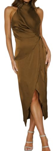Halfisland Damen Sommer Satin High Neck Ärmellos Wickelkleid Elegant Stehkragen Krawatte Taille Cocktail Formelle Kleider, Braun, Groß