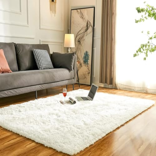 Evitany Flauschiger Teppich Wohnzimmer,Hochflor Waschbare rutschfeste Teppich Schlafzimmer,Ultra Weiche Bettvorleger,Große Carpet für Esszimmer, Büro, Lounge (Creme, 160x230 cm)