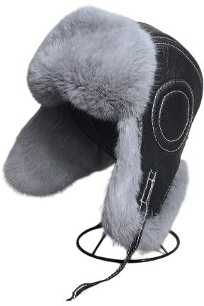 Russische Mütze Winter Herren Pelz Bomber Hut Uschanka Cap Trapper Russische Mann Ski Hüte Kappen Leder, Hellgrau, 57-58 cm