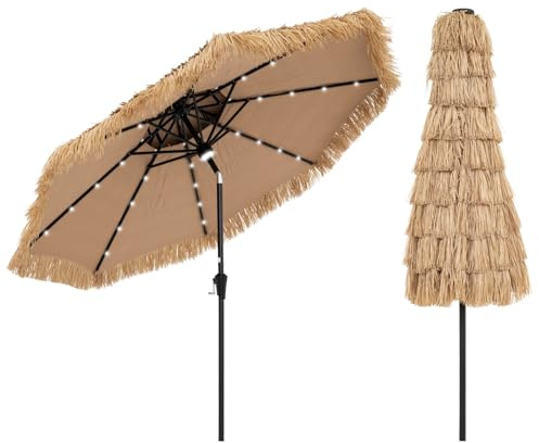 COSTWAY Parasol de Jardin Exterieur Ø 290 cm, Parasol Plage Hawaïen en 9 Couches Paille, 35° Inclinaison et Manivelle, 32 Lumières LED Solaire, 8 Baleines, pour Jardin Plage Piscine