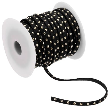 PATIKIL 22 meter dubbat fuskmocka rep för smyckestillverkning, 5 mm mikrofiber platt läder spets pärlband med nitar, svart gyllene
