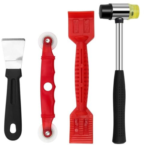Window Glazing Tool Kit, 4PCS Heavy-Duty Glazing Tools, Red Window Roller, Plastic Shovel for Windows, Doors Hand Tool Sets,Dual Head Plastic and Rubber Hammer Metal Mallet