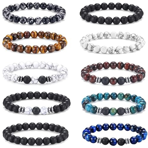 FIRAZIO 10 Pcs Tiger Eye Bracelet For Men 8MM Natural Stone Beads Bracelet Set Stretch Lava Rock Bracelets Adjustable Black Crystal Beaded Bracelet for Men Women Gift