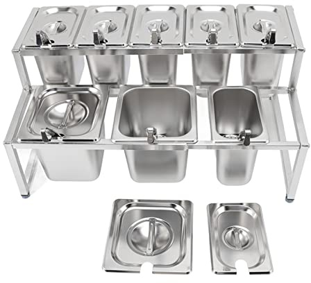 KIMISS Stainless Steel Adjustable Condiment Holder - 6-9 Sections for Milk Tea Shop, Jam Jars, and Sauce Containers - 1.6L & 2.2L Bowls (Type 7 2x2.2L Pot 6x1.6L Pot)