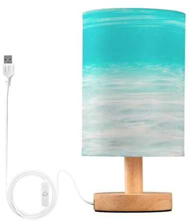 Mnsruu Lámpara de mesita de noche de playa, color verde azulado, lámpara de mesa LED, lámpara de escritorio, puertos de carga USB, pantalla de tela de lino para dormitorio, sala de estar, oficina