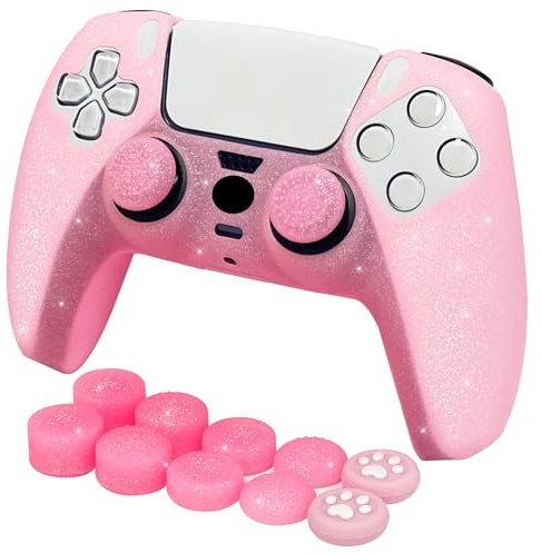 HLRAO rutschfeste Silikon-Schutzhülle mit Glitzer, kompatibel mit PS5/Slim/Pro Controller, 8 Stück Glitzer-Daumengriffkappen und 2 Griffkappen.