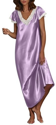 Womens Luxury Satin Long Chemise Ladies Sleeveless Lightweight Lace Nightdress Comfotable Breathable Summer Nightwear Long Negligees Strap Chemise Nighties V Neck Full Slips Sleepwear s for Women