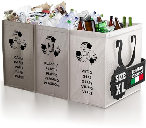 PTMS® Poubelle cuisine MAXI XL pour le verre, le papier et le plastique | Poubelle tri selectif 3 bac - recyclage poubelle de tri 3 bac - facile à vider