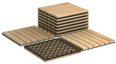 HOMFME 10 PCS Acacia Wood Deck Tiles, 30 x 30 cm Interlocking Hardwood Square Floor Tiles with Click System, Drainage Function, Outdoor Indoor Decking Boards for Patio Garden Balcony Pavement