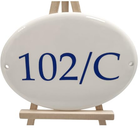 Numero Civico Personalizzato per Esterno - Ceramica cotta a 900°, Made in Italy Colori Indelebili e Resistenti - con Fori per le Viti - Disponibile su varie misure (Ceramica, Ovale Bianco, 9x12 cm)